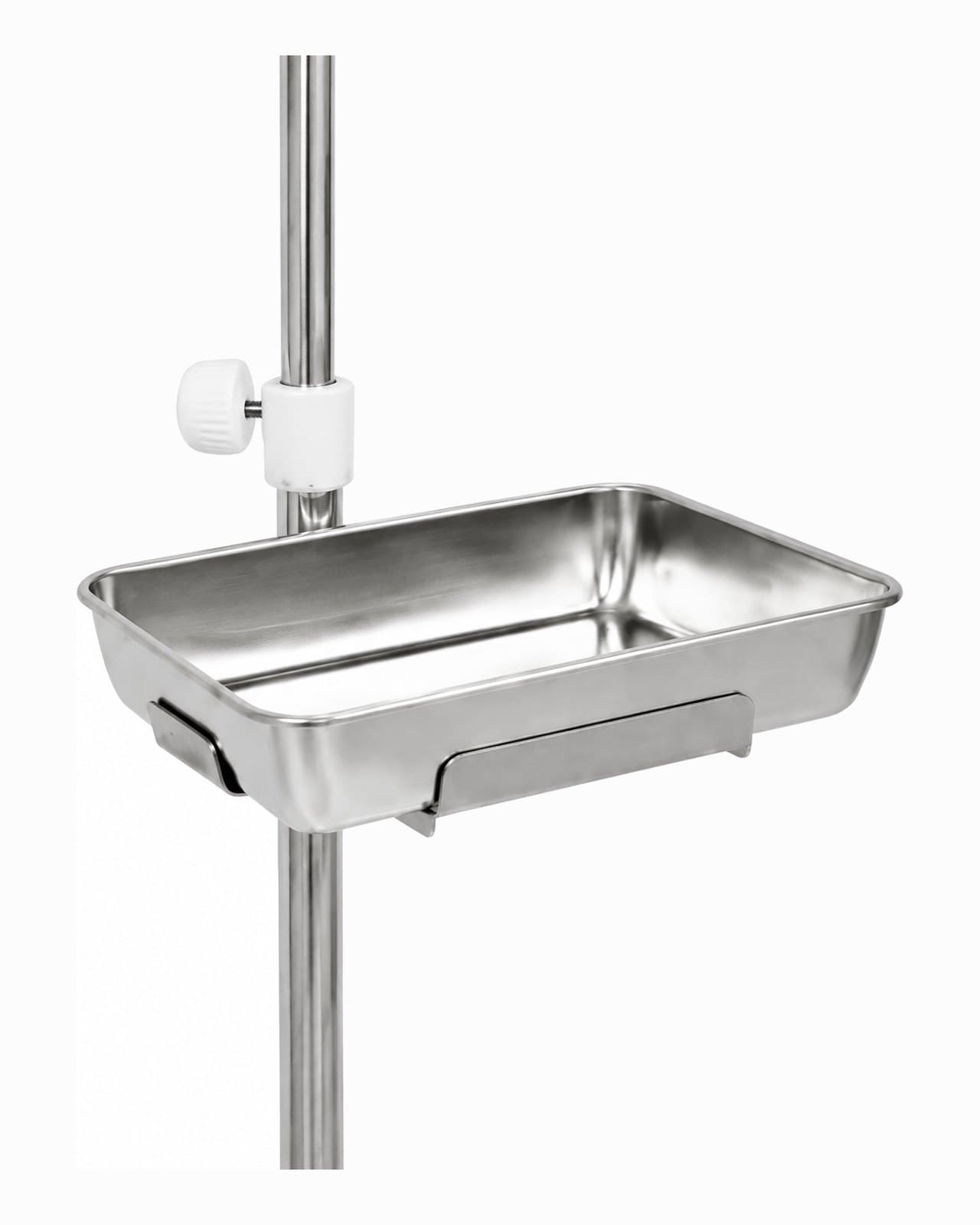 Close-up of the IVS-200 stainless-steel instrument tray and the hand-tightening height lock on the column