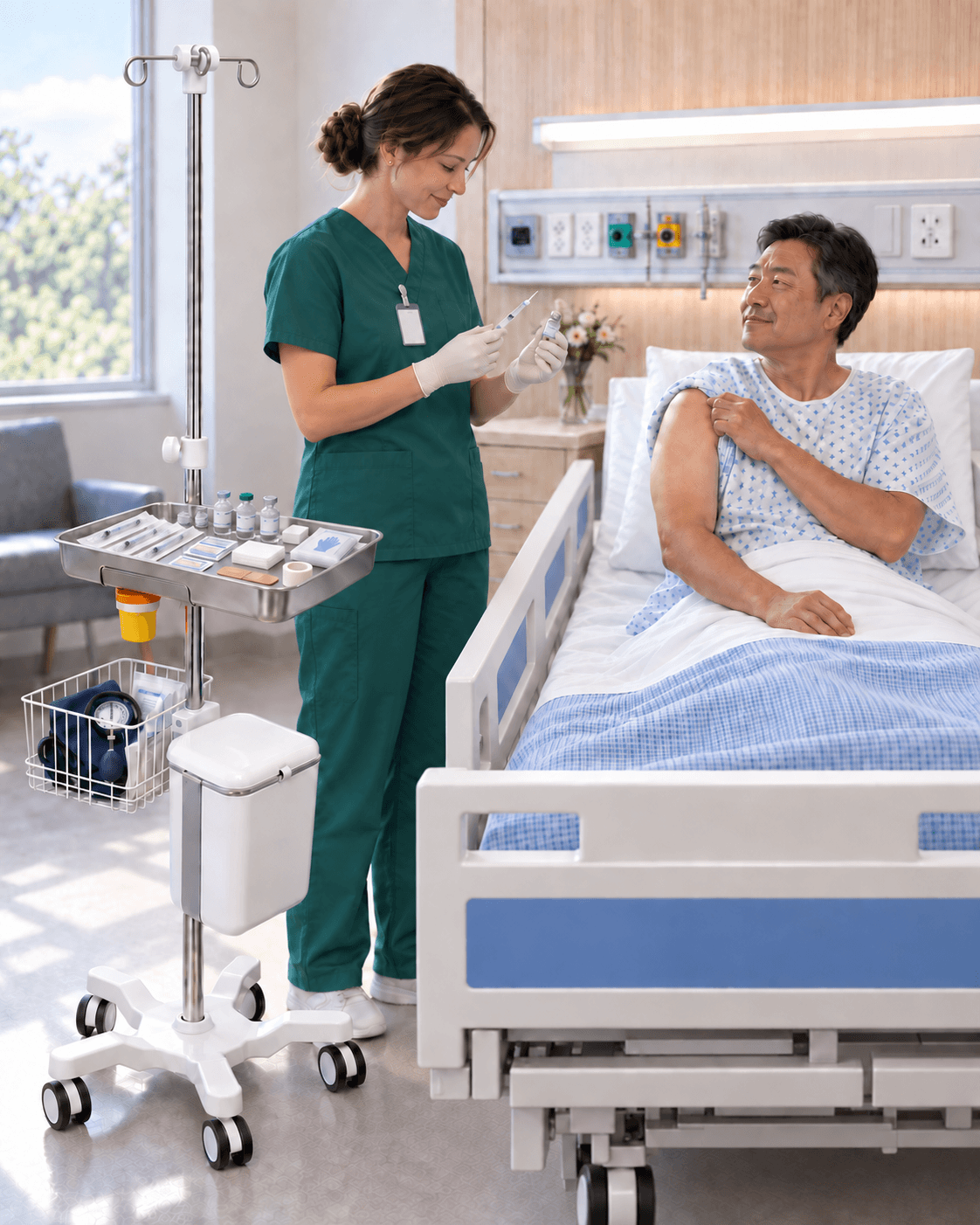 ممرضة تحضّر حقنة بجانب مريض باستخدام صينية أدوات EverCare IVSTND-260، مع مستلزمات معقمة على الصينية وجهاز قياس ضغط الدم في السلة السلكية