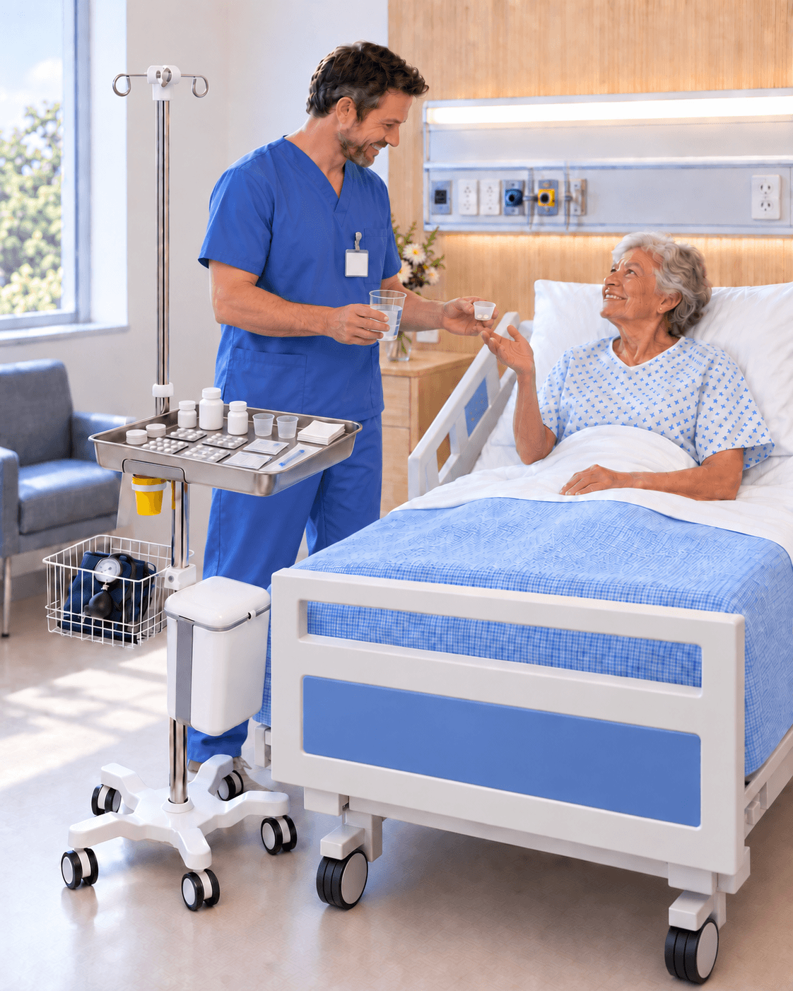 ممرض يقدم دواءً فمويًا والماء لمريضة مسنة بجانب EverCare IVSTND-260، مع ترتيب الأدوية على صينية الأدوات ووضع جهاز قياس ضغط الدم في السلة السلكية