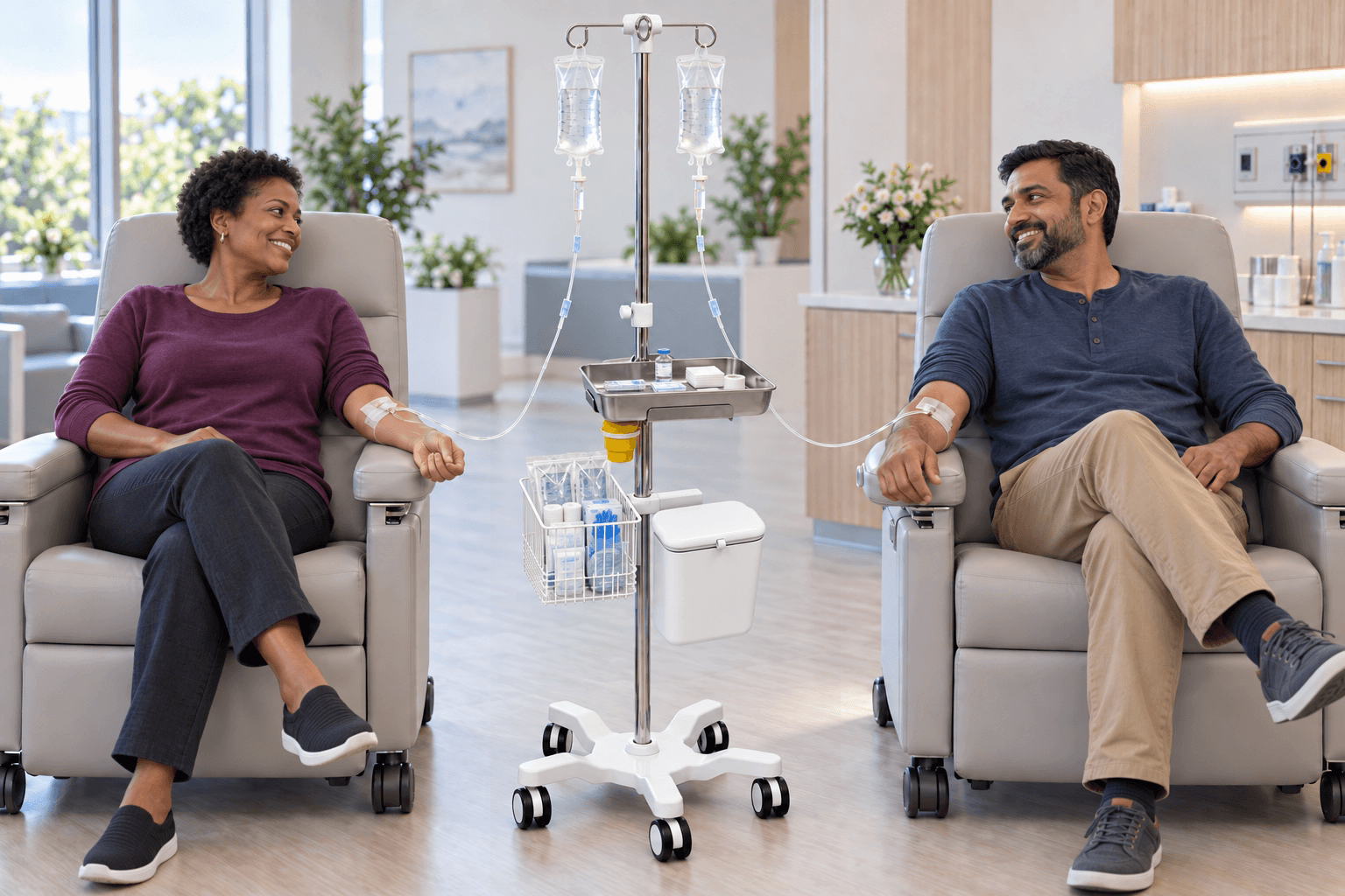 مريضان جالسان على كرسيي تسريب يتلقيان العلاج من حامل EverCare IVSTND-260 المجهز بكيسي تسريب