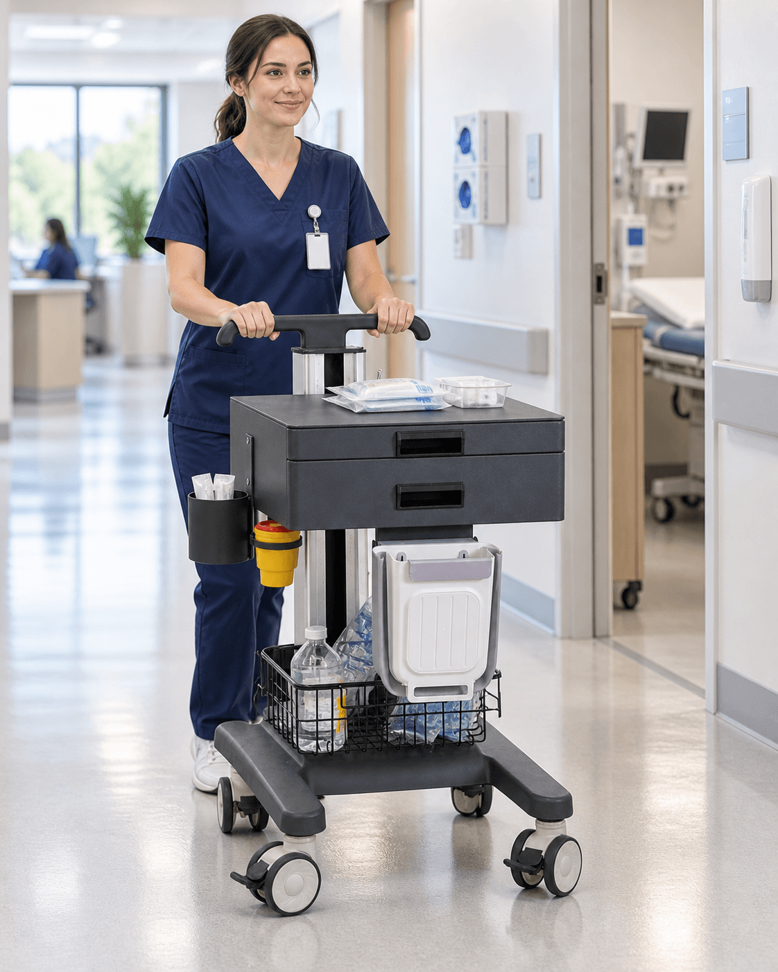 Nurse transporting the EverCare IVT-300 medical trolley through a bright modern clinic corridor
