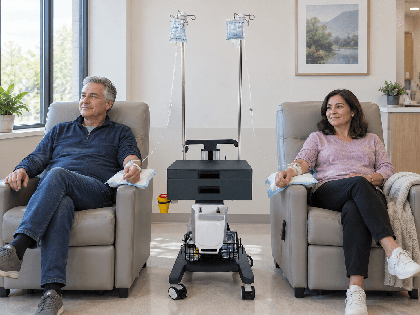 EverCare IVTROL-828 trolley between two seated patients, with an IV bag on each of its two infusion stands