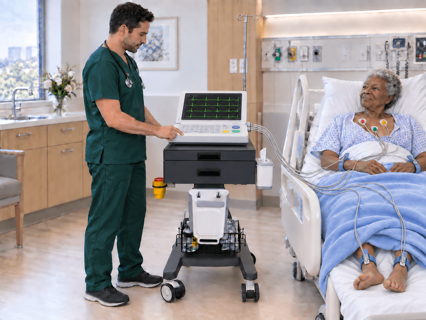 Clinician operating a large ECG machine on the EverCare IVTROL-828 trolley while a patient is connected with chest and reusable wrist and ankle clamp electrodes