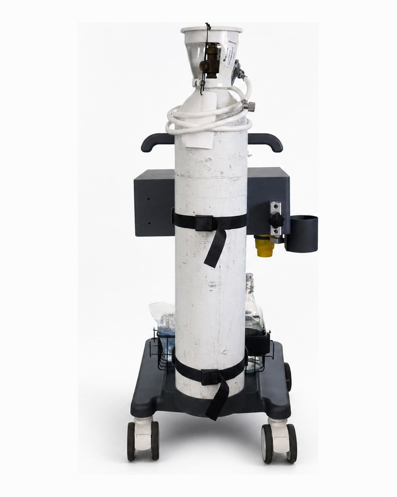 everCare Medical Trolley IVT-300 from the rear, with a gas cylinder held against the column by the upper and lower supports and their retention straps