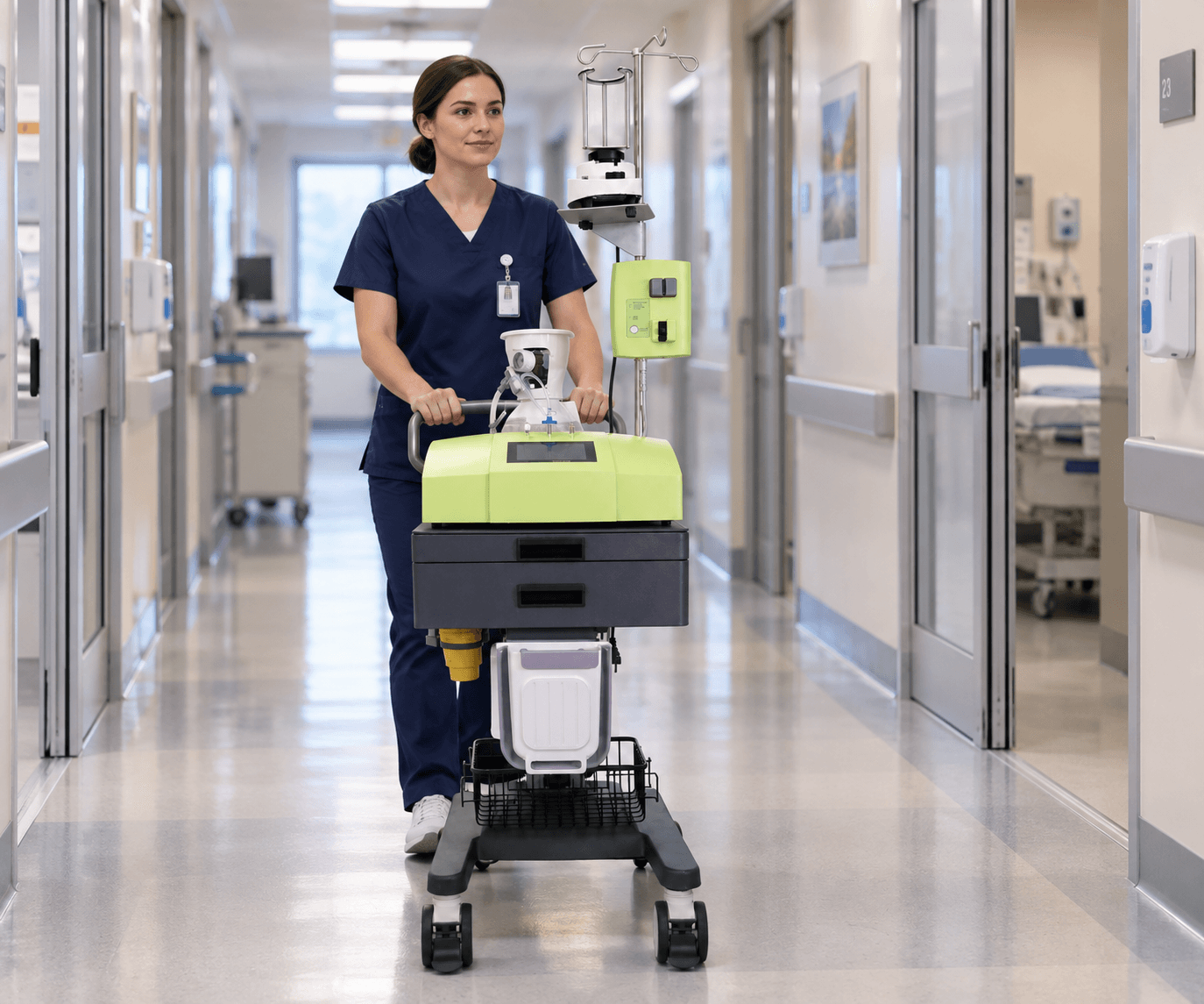 Clinician transporting the EverCare IVTROL-828 trolley with a medical device on top through a hospital corridor