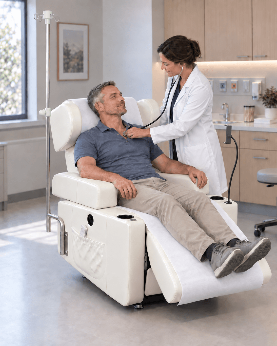 طبيبة تستخدم سماعة طبية لفحص رجل بالغ يجلس براحة في وضع شبه مائل على كرسي EverCare RelaxIV — IVR-100 بيج دافئ