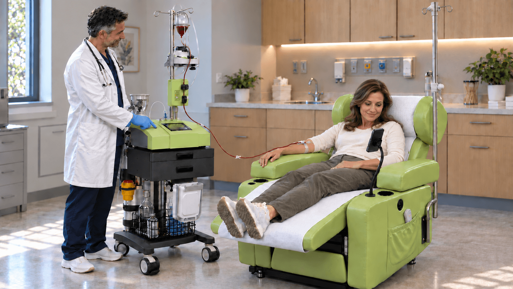 Doctor operating an ozone autohemotherapy system on the EverCare IVTROL-828 trolley beside a patient watching a phone in a green IVR-104 RelaxIV chair