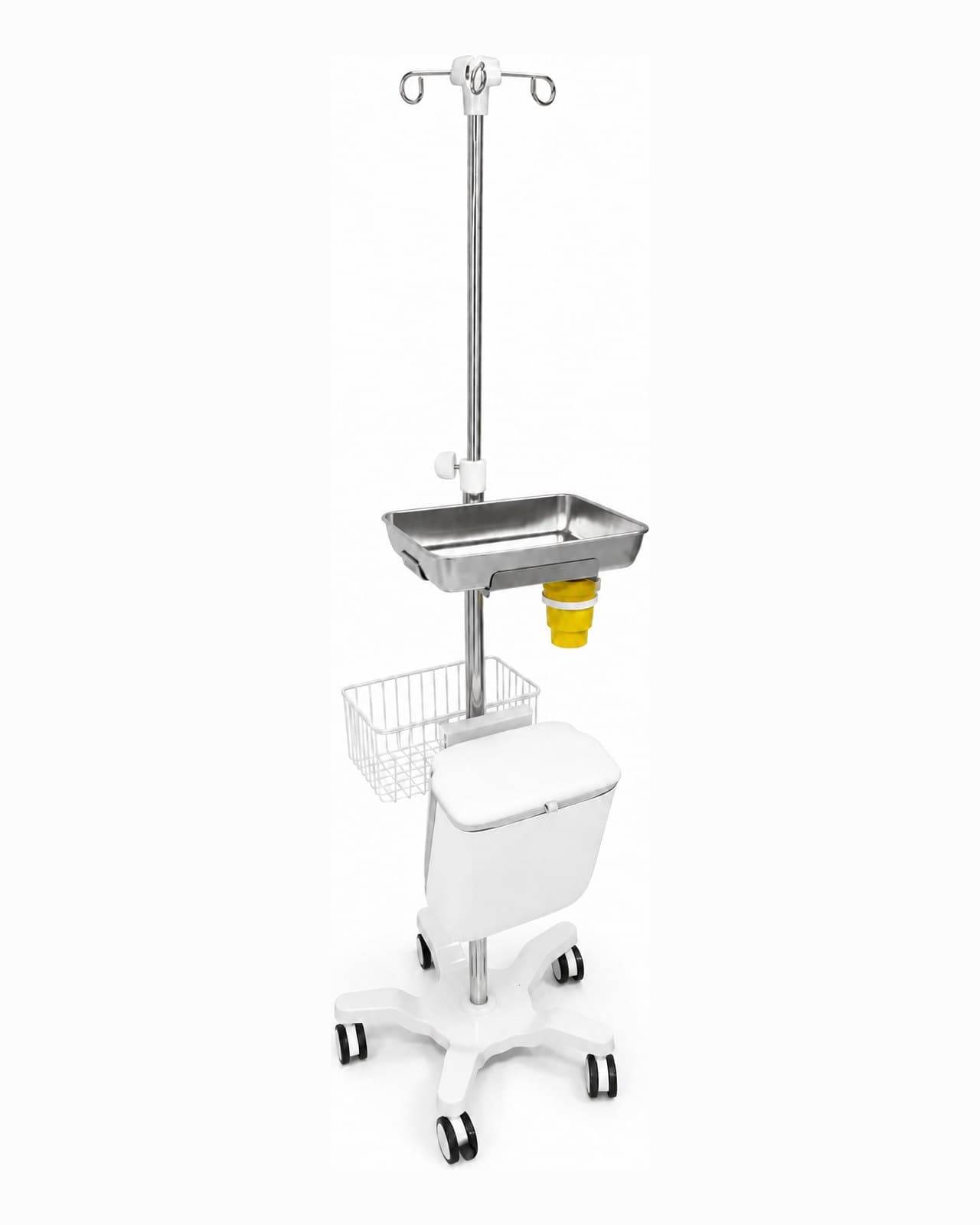 everCare Mobile IV Stand IVS-200 in its standard configuration: four-hook infusion pole, stainless-steel instrument tray, sharps-container holder, wire storage basket and lidded waste container on a five-castor base