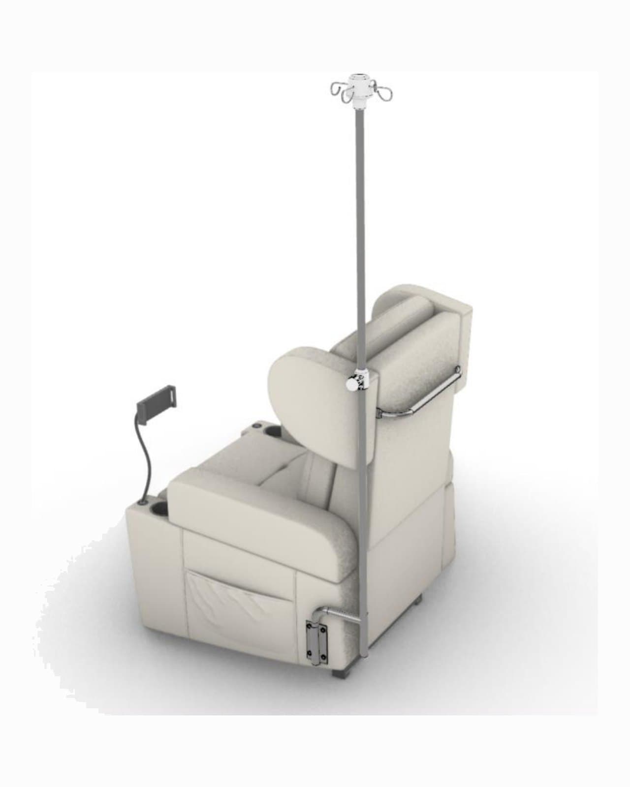 everCare RelaxIV IV perfusion lift armchair in its standard configuration, with integrated IV pole and hand control